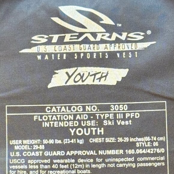 Stearns Ski Vest Youth Size 50-90 lbs Blue White Coastal Approved Type III PFD - Picture 3 of 9